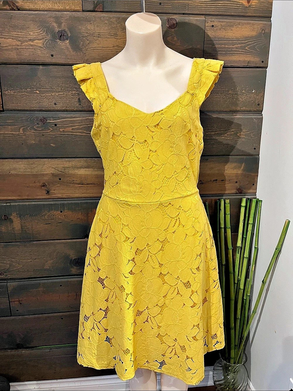 Monteau Yellow Floral Lace Mini Dress Size Large